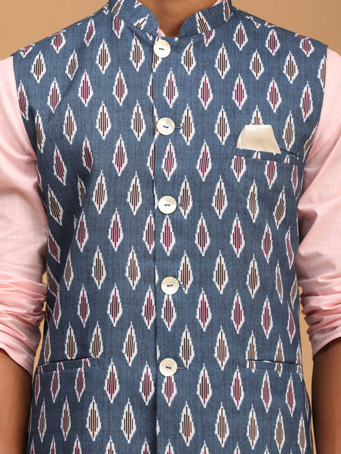 Vastramay Men's Gray Printed Cotton Nehru Jacket With Pink Kurta And White Pyjama Set